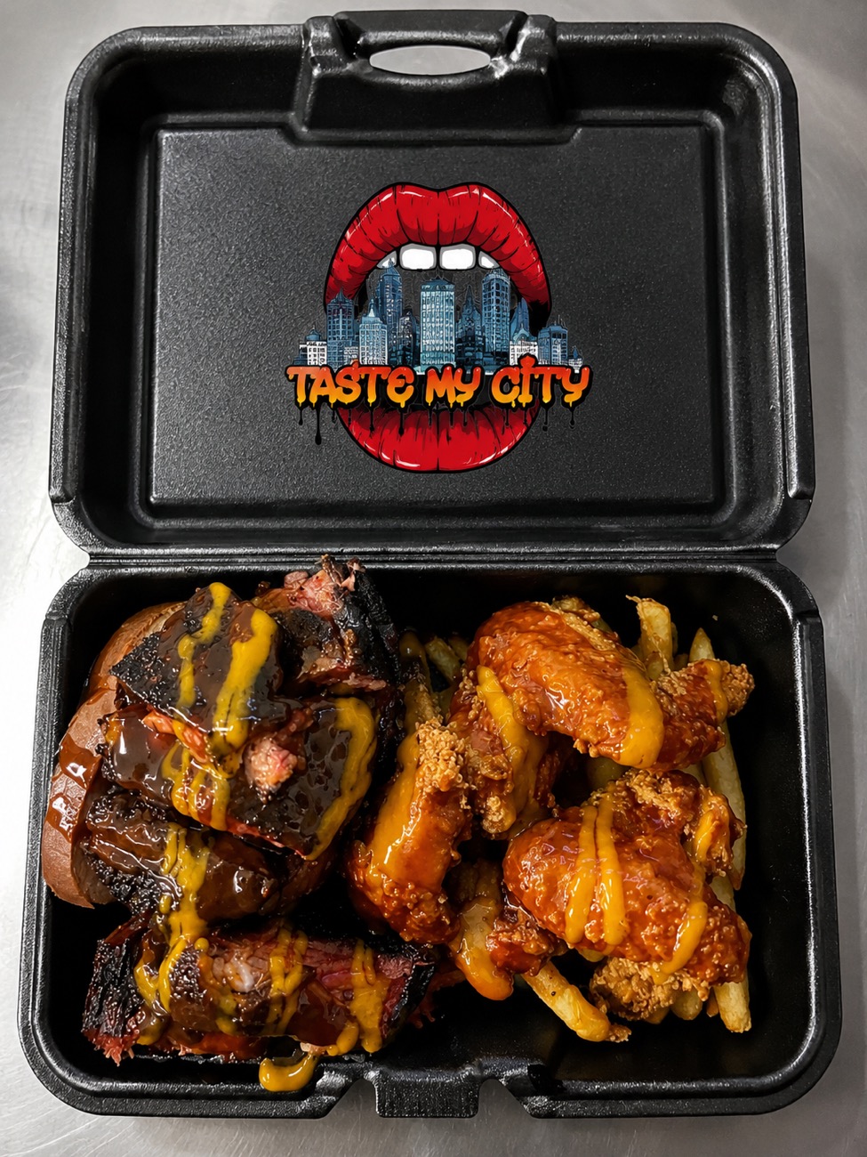Brisket sandwich and mustard drizzled wings over fries in a Taste My City takeout box